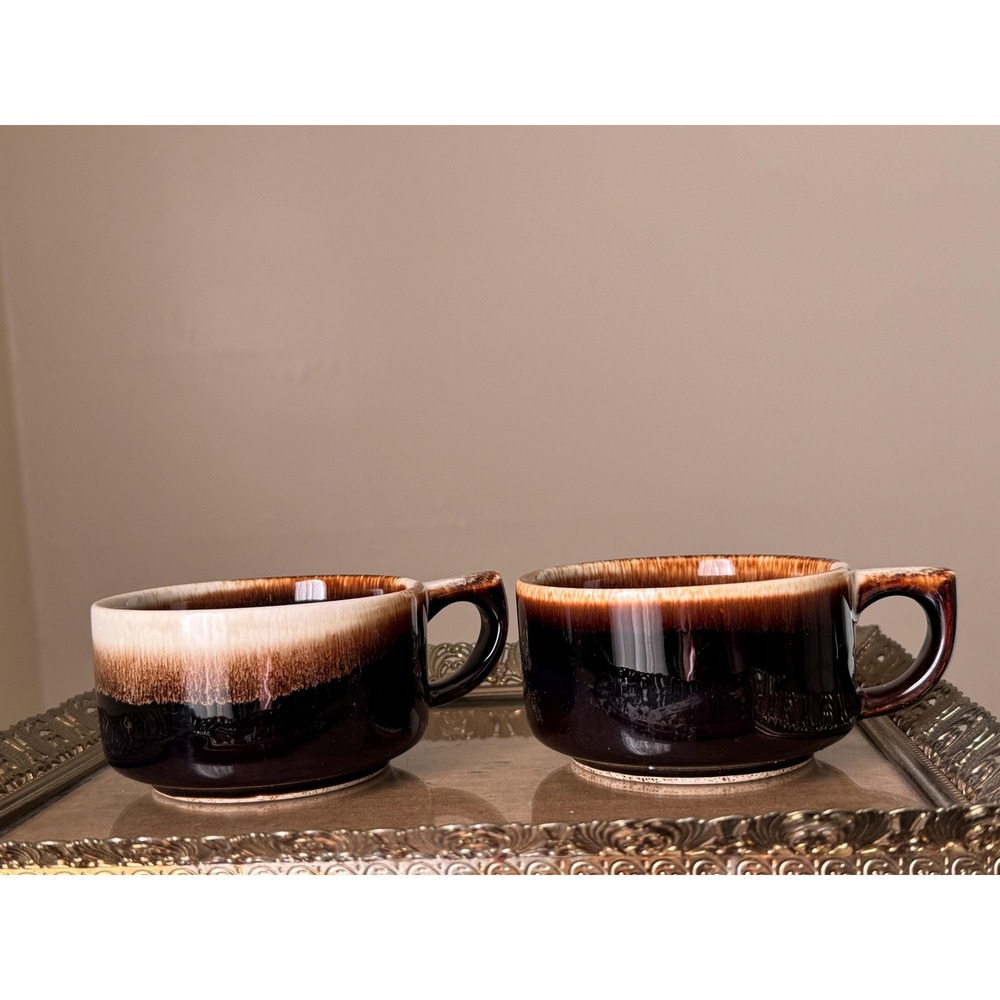 Vintage Pfaltzgraff Brown Drip Glaze Set of 2 Ceramic Coffee Mugs or Soup Mugs
